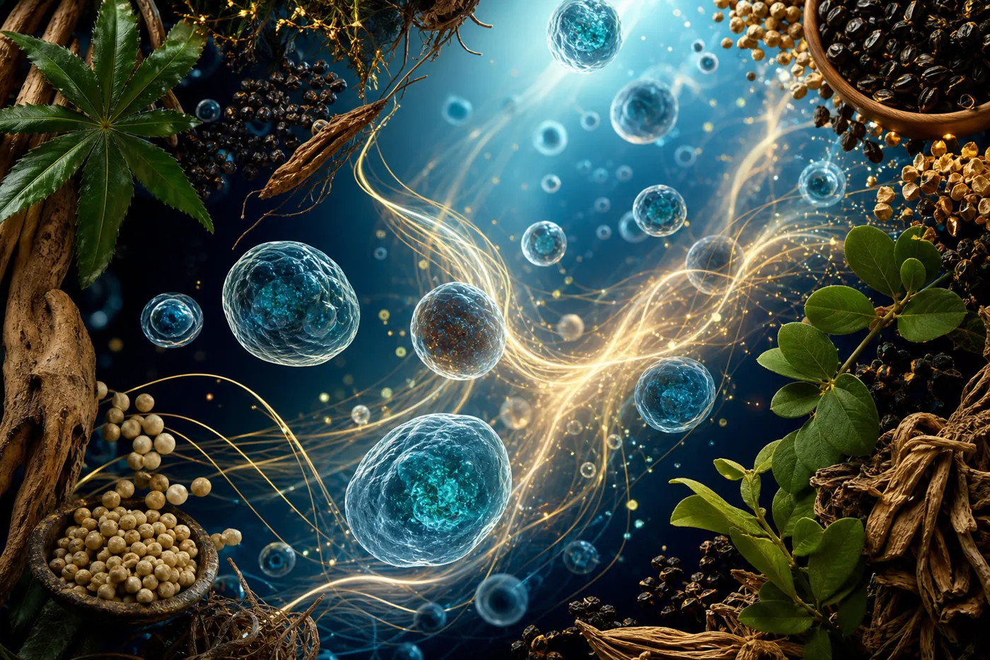 Abstract gold circulation ribbons among blue cellular forms and botanical ingredients