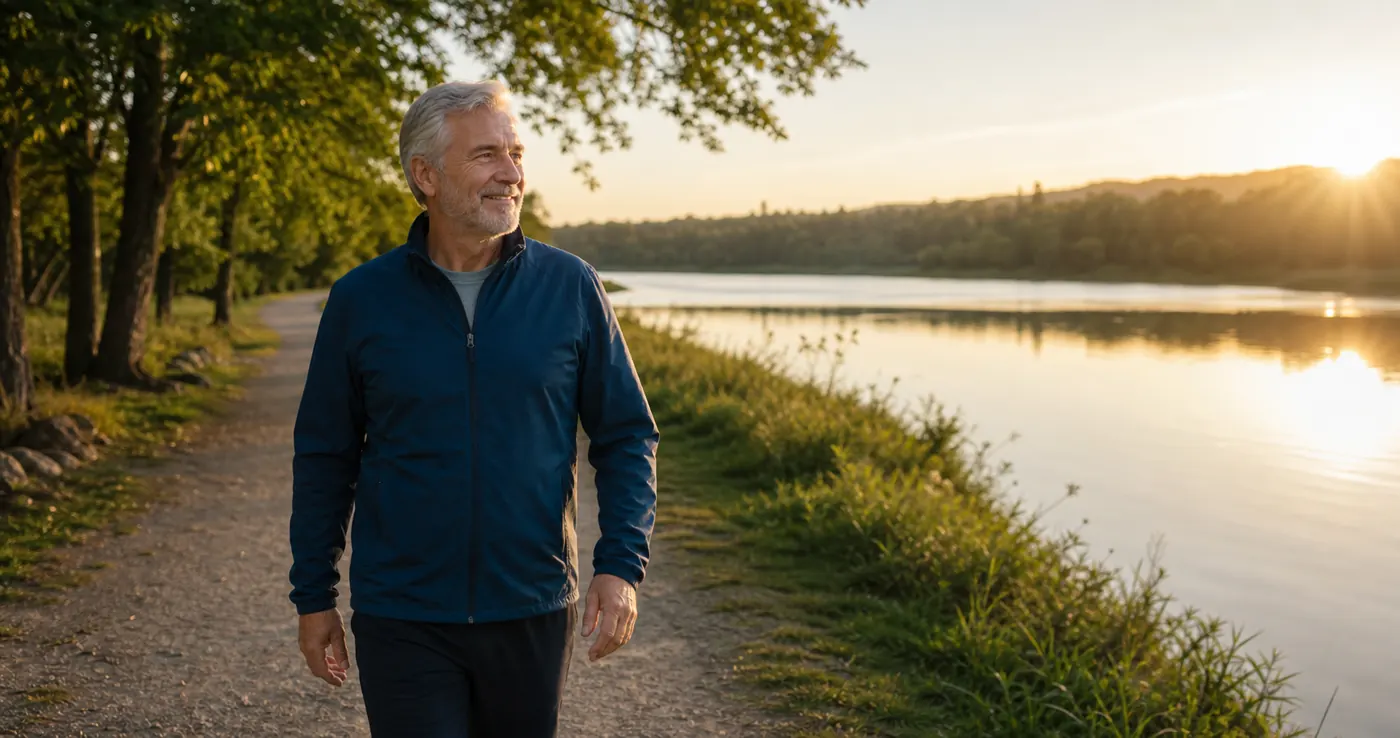 Mature man taking a relaxed sunrise walk on a green park trail