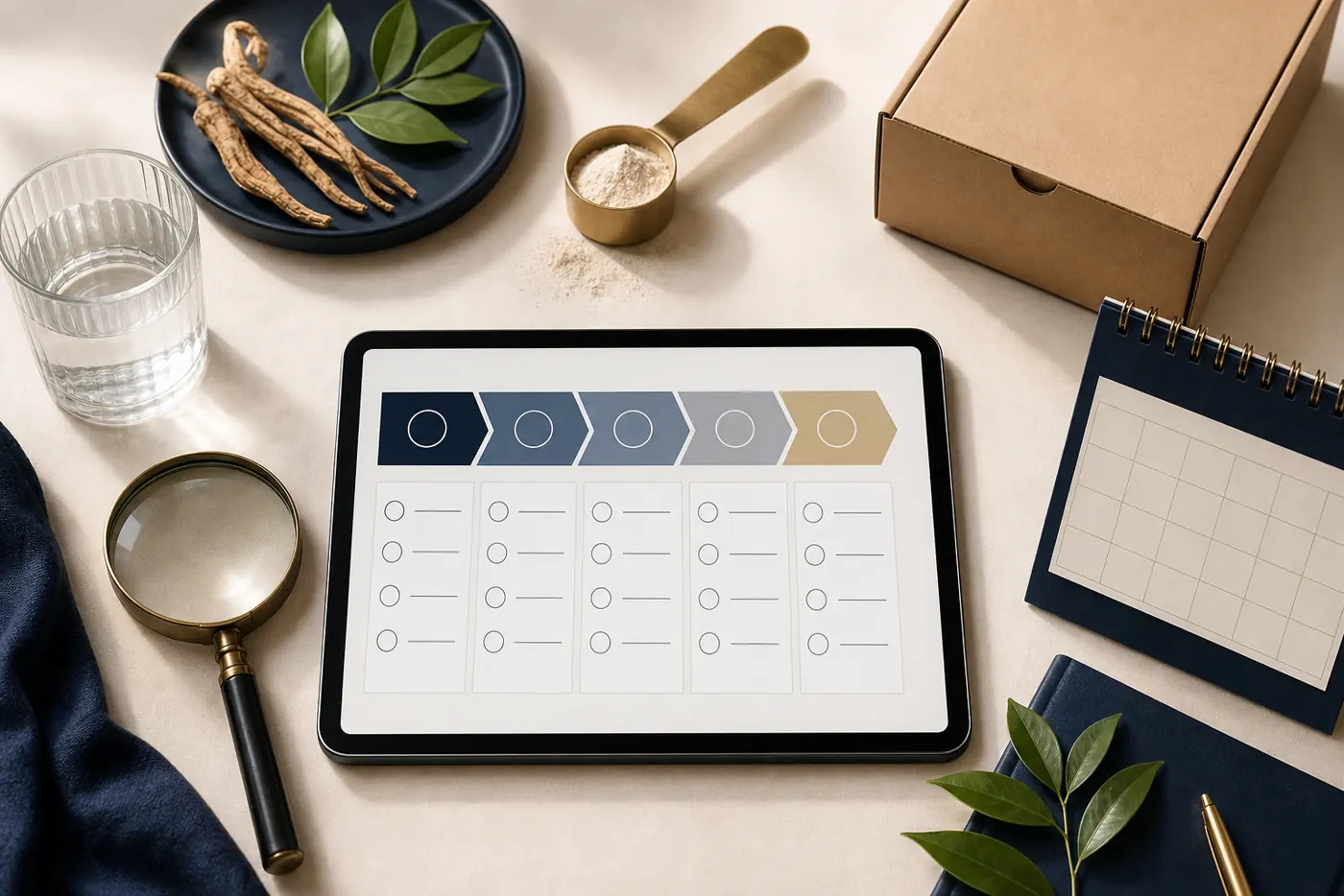 Buyer decision desk with an abstract checklist, calendar, scoop, water and botanicals
