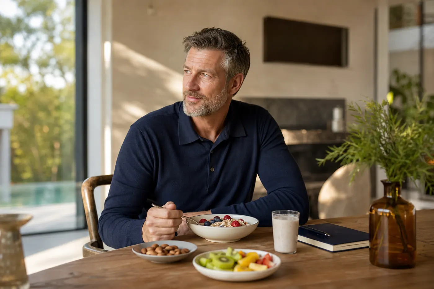 Mature man seated at breakfast with a plain powder drink, water and a routine journal